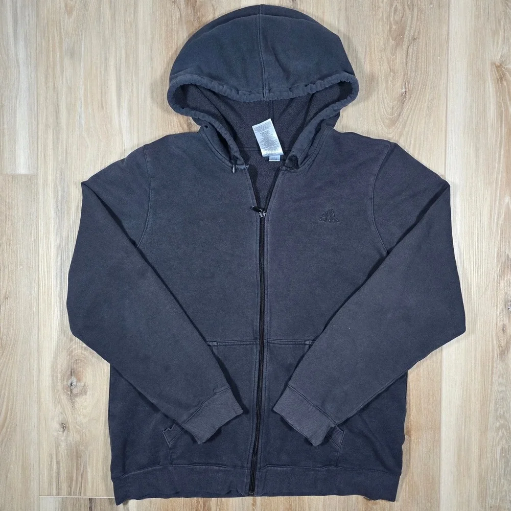 Vintage Adidas Y2K Style Distressed Mild Thrashed Full Zip Faded Black Hoodie XL